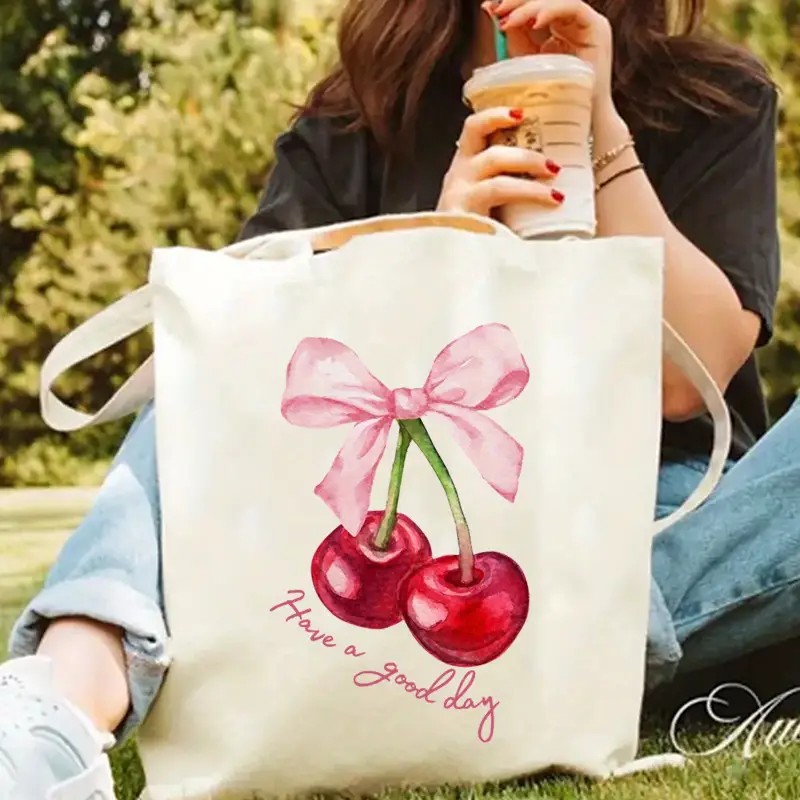 Tote Bag Canvas Print - حقيبة قماشية بتصميم فيونكة الكرز، حقيبة