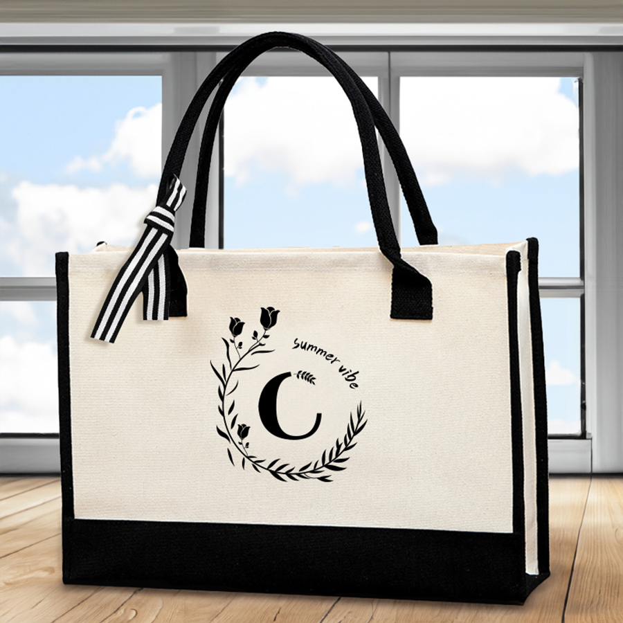 Tote Bag Canvas Print - حقيبة يد جلدية مطبوعة بأحرف، حقيبة